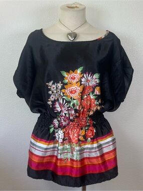 Black Floral Satin Peplum Top with Bright Stripe Hem